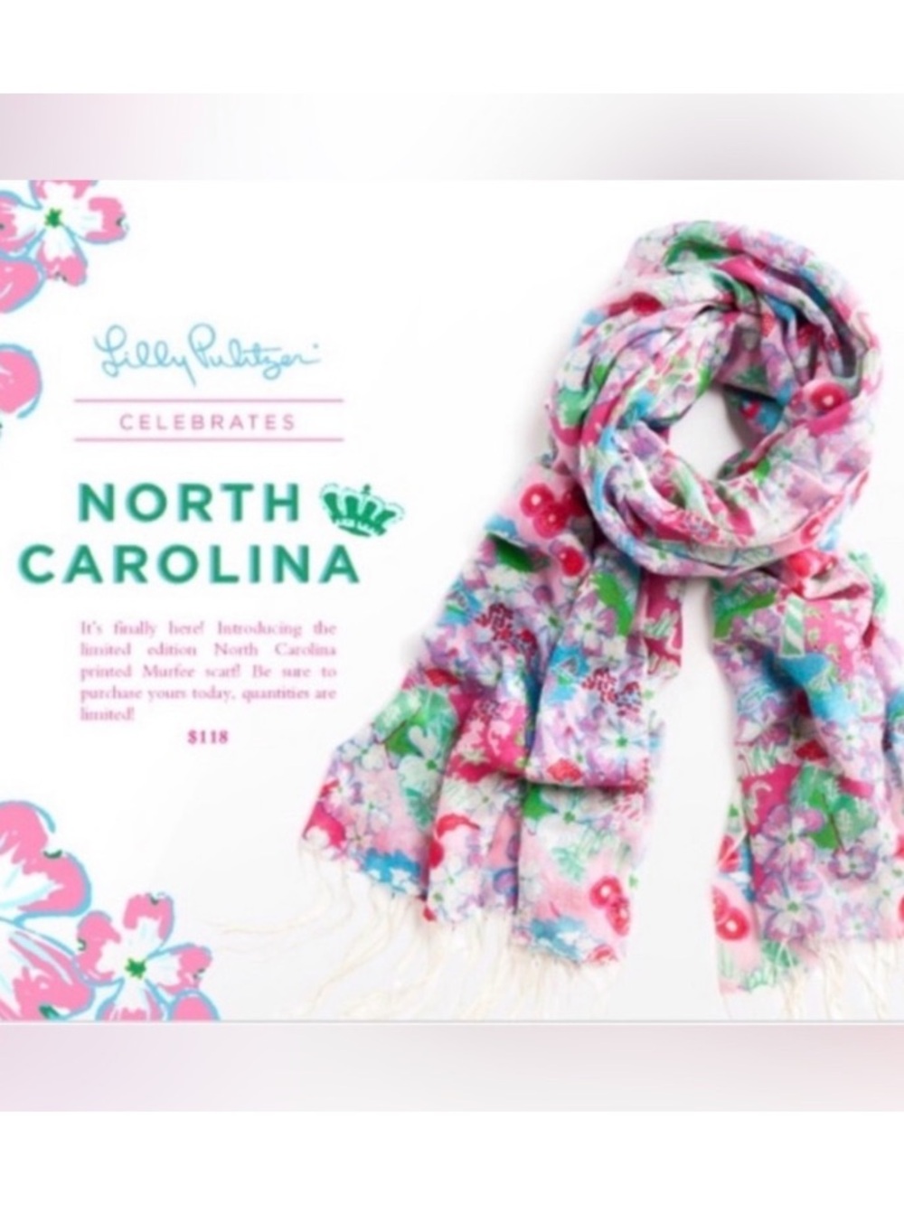Lilly Pulitzer North Carolina Nc Murfee Scarf Silk Cashmere Nwot